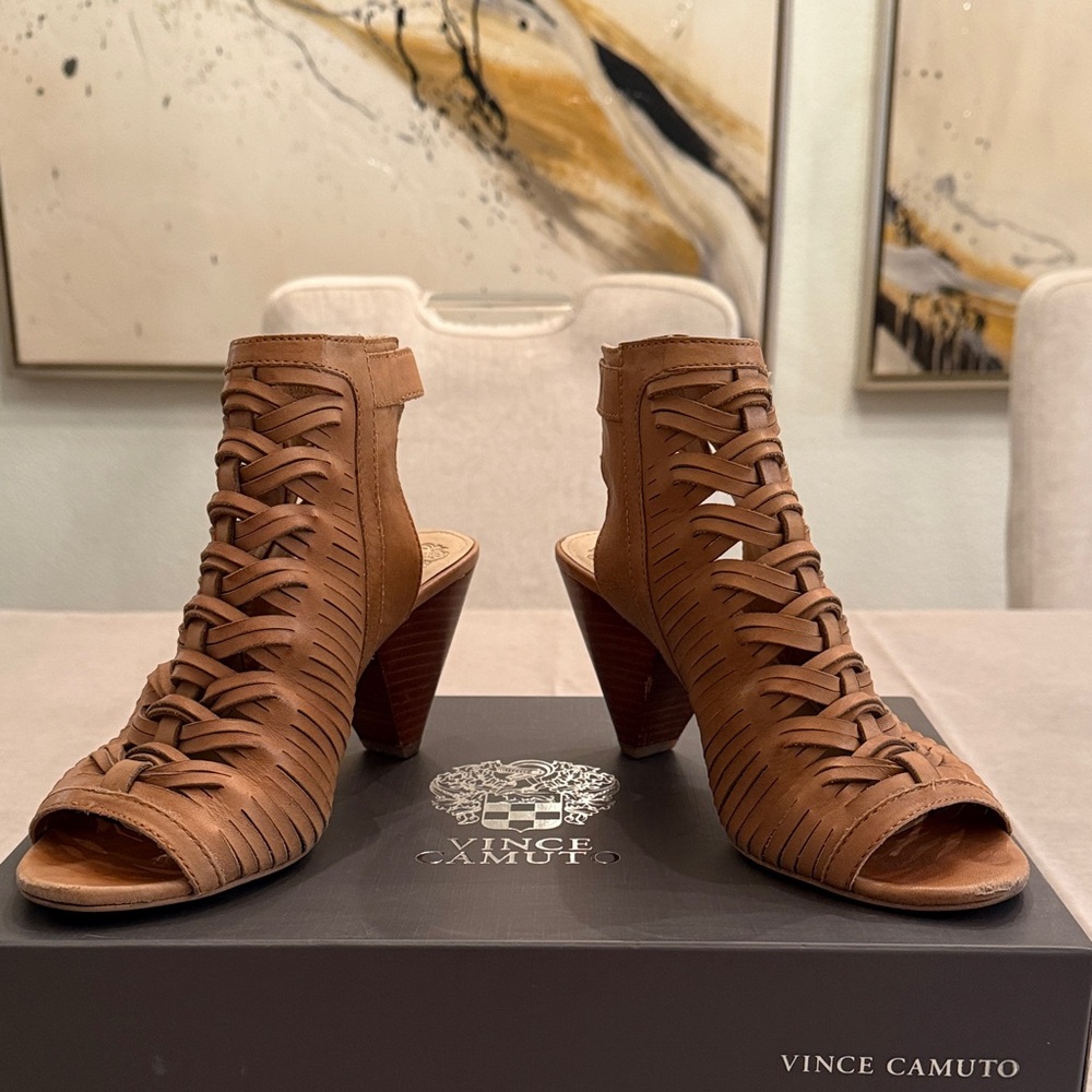 Vince Camuto Brown Woven Open-Toe Cone Heel Booties